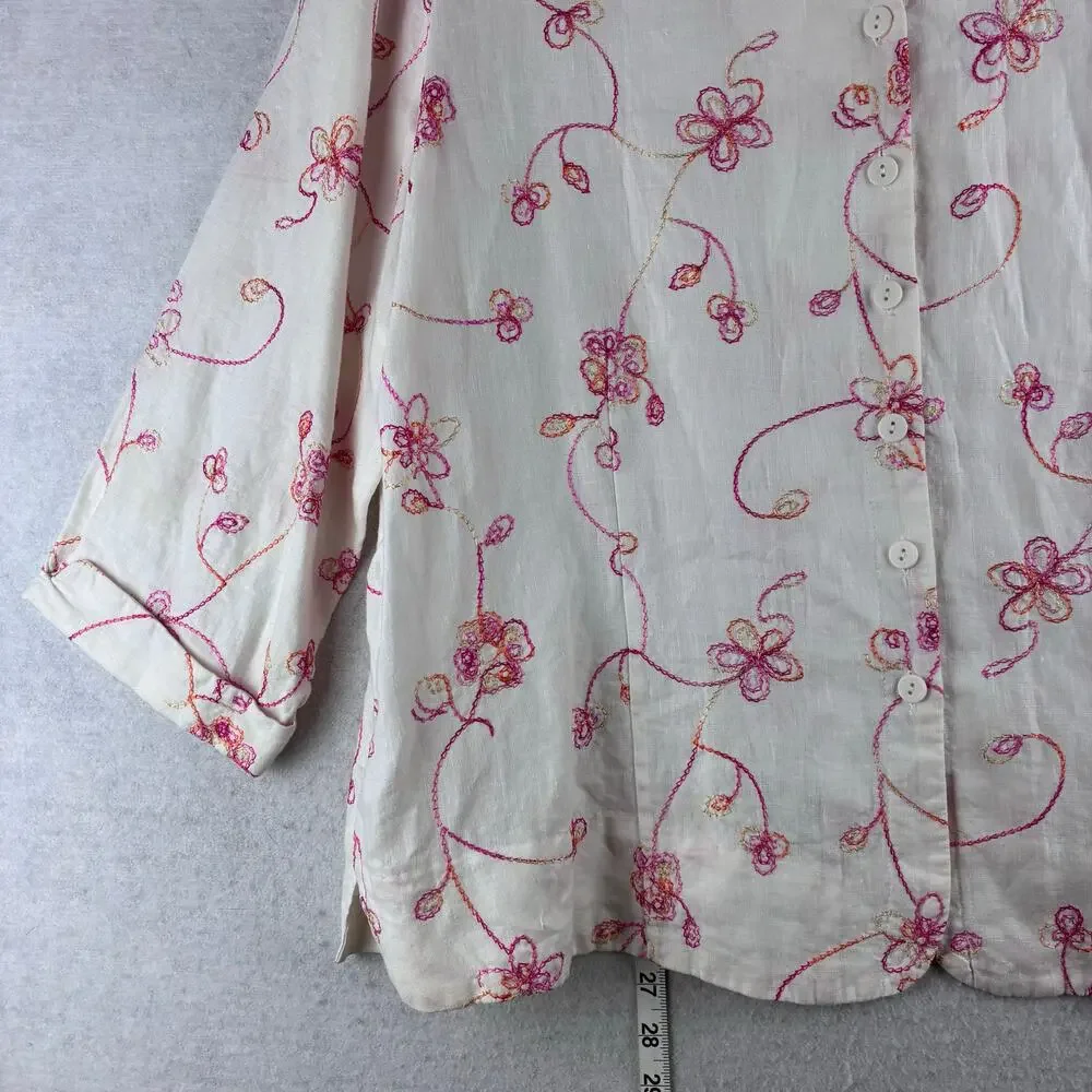 Sarah Spencer 100% Linen 3/4 Sleeve Button Up Blouse Women 2X Floral Whimsy READ